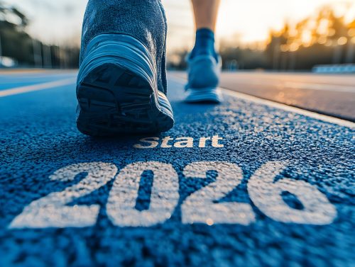 A close-up of a runner’s foot in motion on a road marked with 2026 as the sun sets in the background